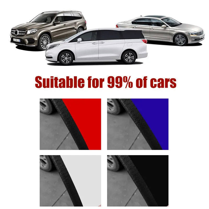 Universal car door edge anti-collision strip with built-in steel disc, PVC and metal construction, available in multiple colours and sizes on a car door.