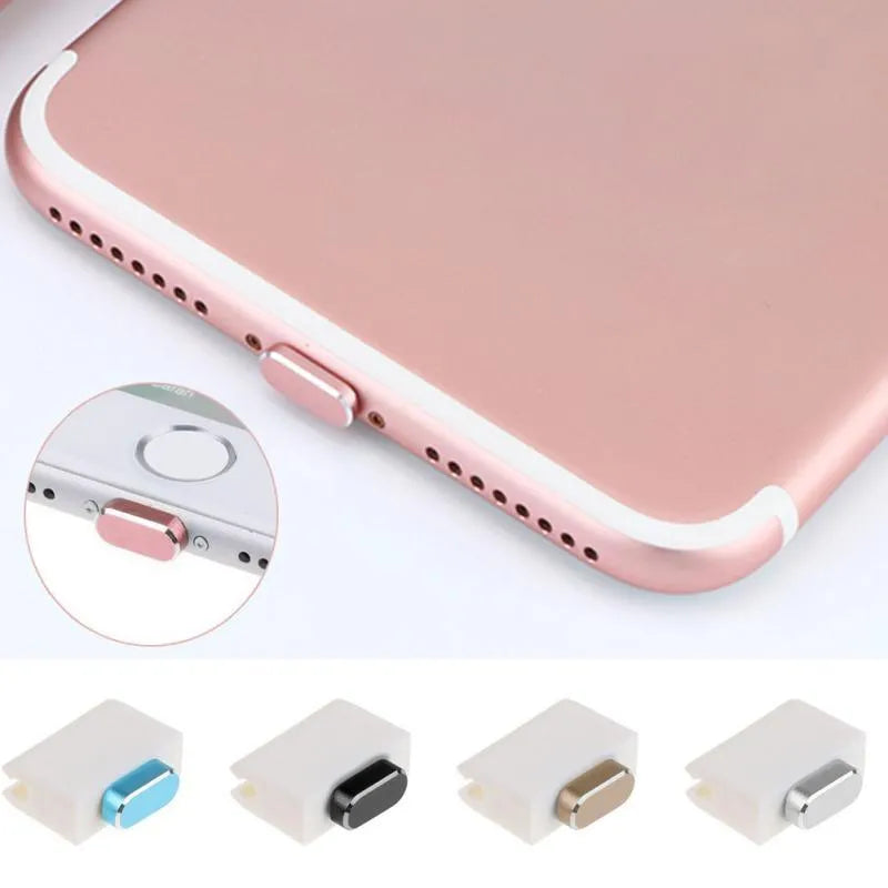 Aluminium alloy charging port dust plug for iPhone in various colours including gold, black, and rose gold.