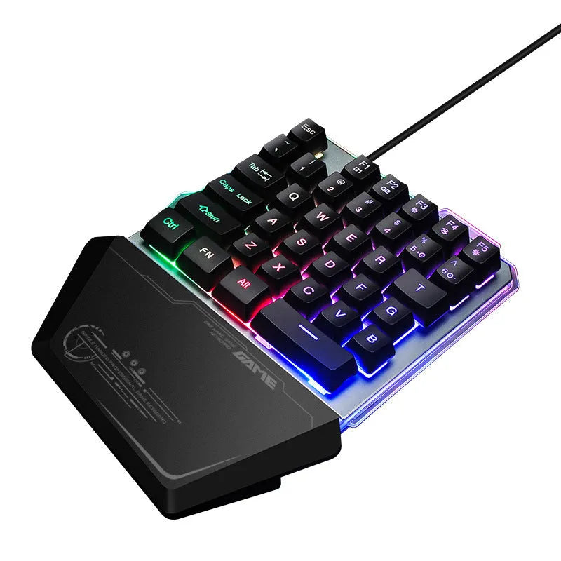 Black robotic one-handed keyboard with RGB backlit keys and a USB cable.