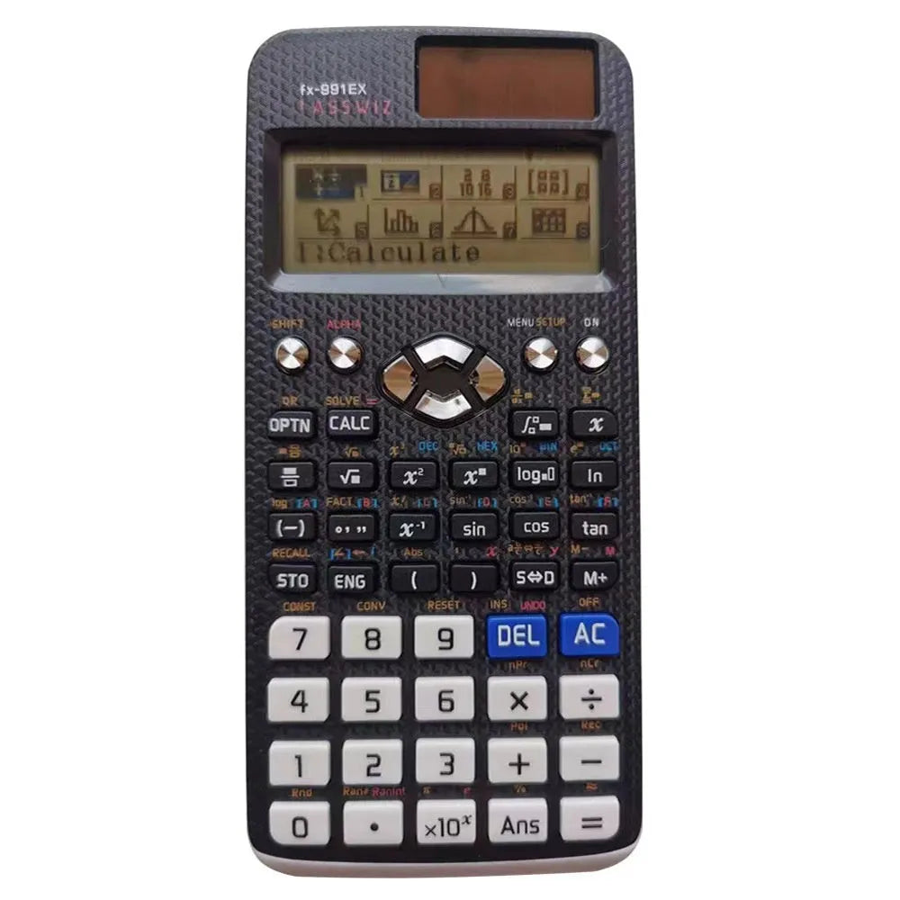 Multi functional 991EX scientific calculator for complex statistics, ABS body, 160g weight, black colour with button layout
