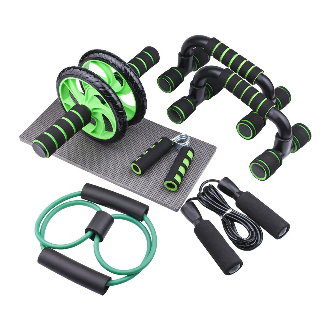 Plastic abdominal wheel set with kneeler mat bracket handle and skipping rope in glossy black