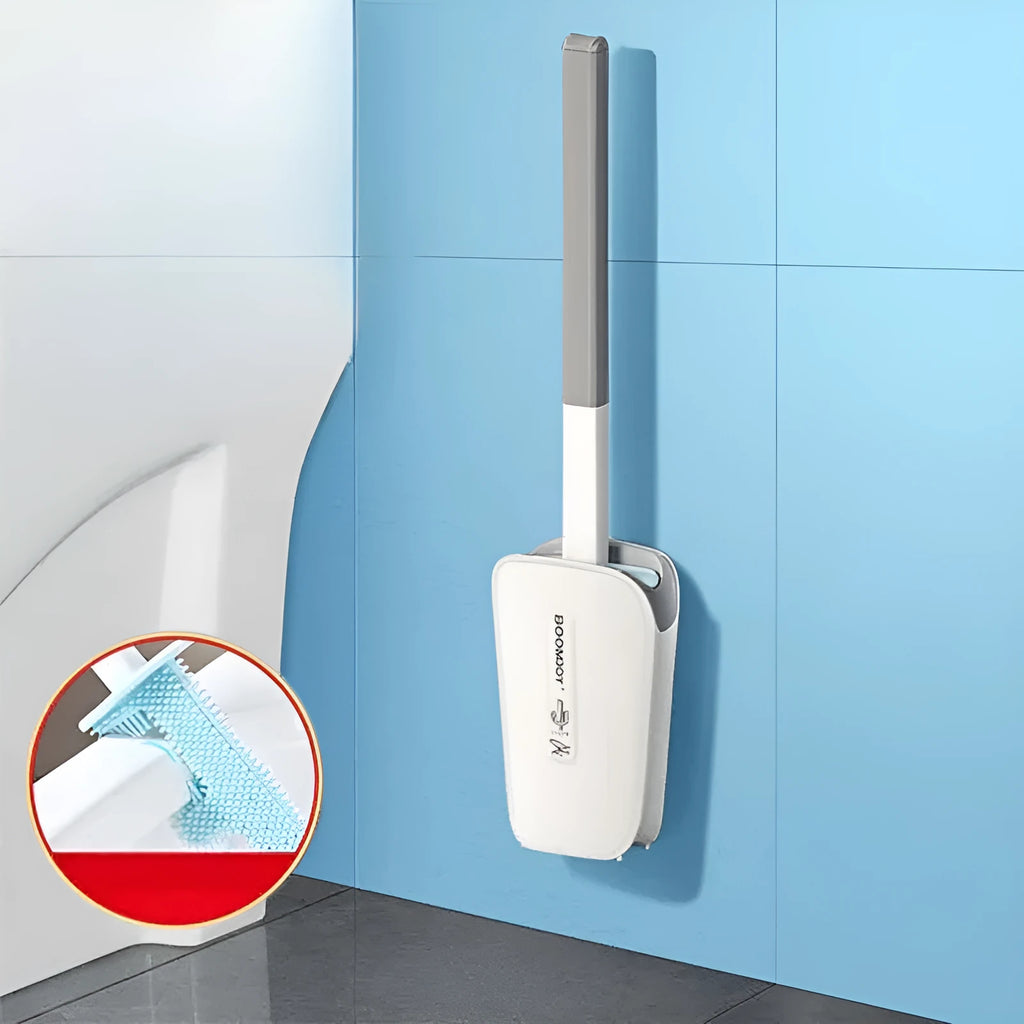 Plastic toilet brush with blue TPR antibacterial brush head and matching bucket on wall mount