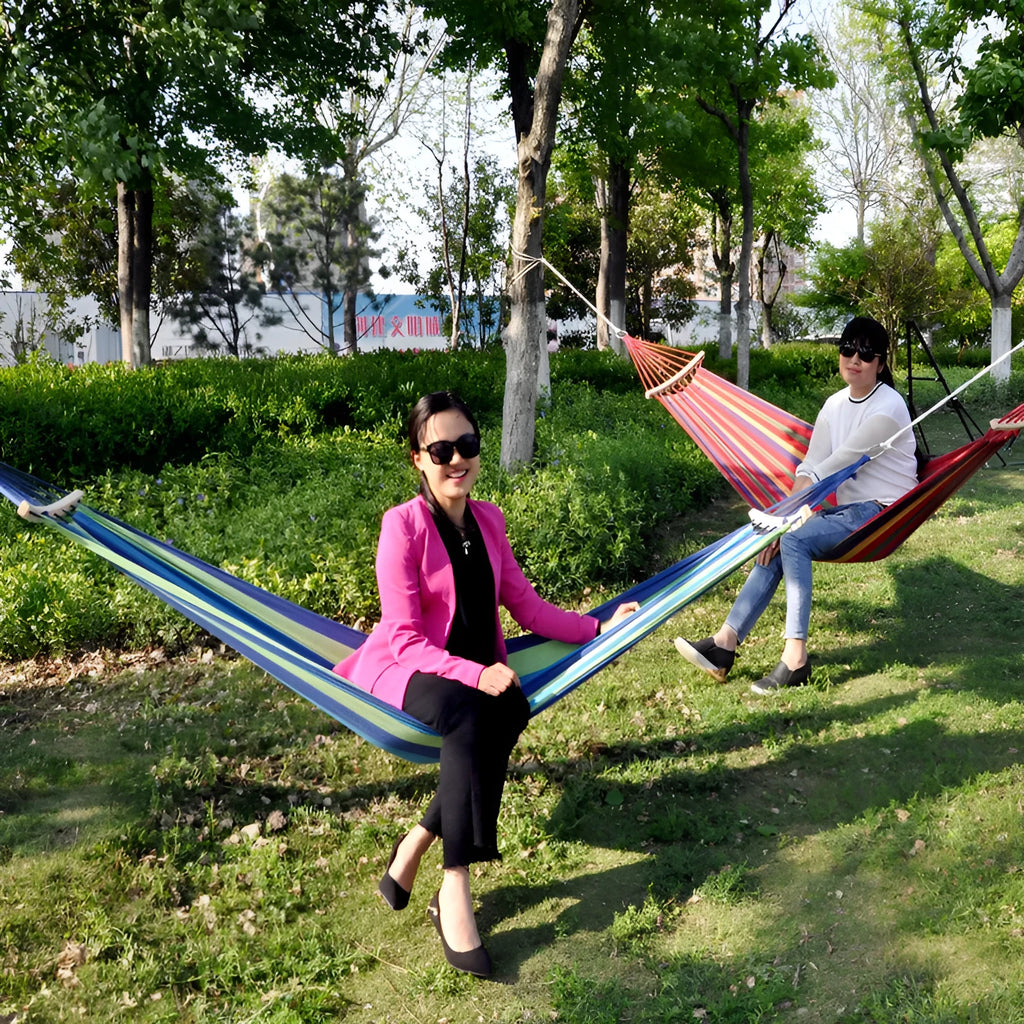Canvas swing camping hammock with buckle in red anti-flip colour, fabric material, outdoor setting