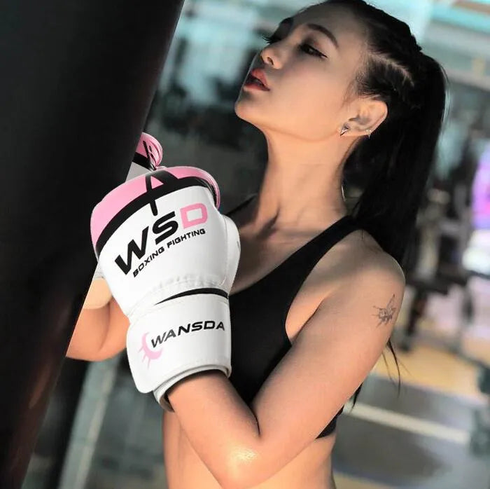 Training boxing gloves in four colours with palm width and length sizing guide for children and adults