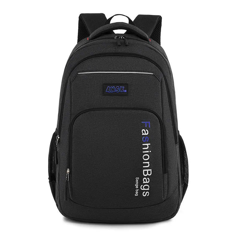Large capacity black nylon travel backpack with multiple internal compartments and double shoulder straps.