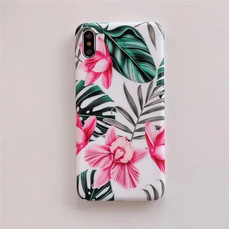 Pink floral pattern on a flexible TPU back cover case for iPhone.