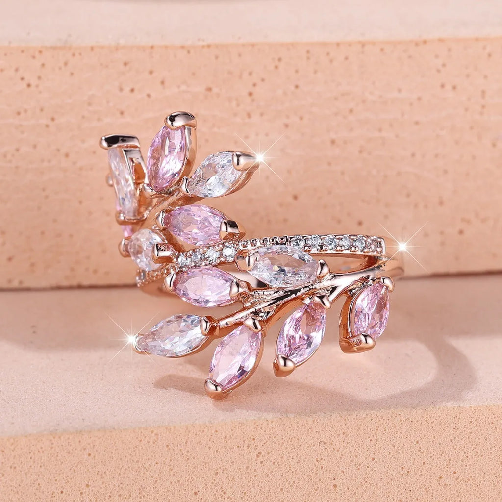 Adjustable horse eye zircon leaf fashion ring in rose gold and platinum plating options