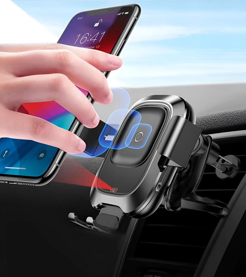 Smart car phone holder wireless charger black with sensor bracket for air vent mounting