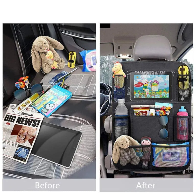 Black Oxford fabric car seat back pocket storage bag measuring 61x41cm