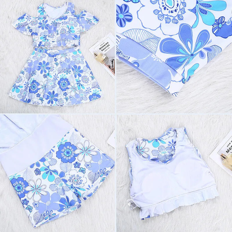 Fresh floral blue women's one-piece swimsuit swimming dress with flower pattern, available in multiple sizes
