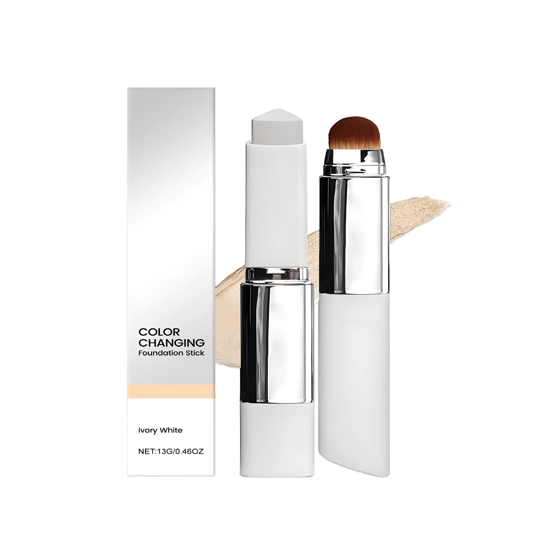 Clear powder foundation makeup stick in twist-up case, showing three shade options.