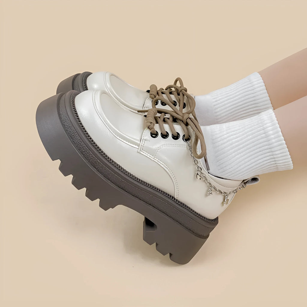 White women's platform Mary Jane shoes with lace-up front and 6-8cm chunky heel in XINGX bear colour.