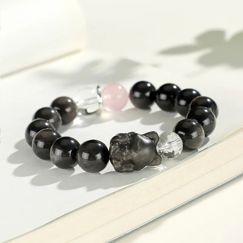 Silver stone crystal bracelet with fox charm featuring white, pink and navy blue beads