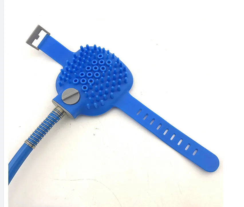 Blue pet bathing tool with silicone glove, 2.5m hose, and faucet adapter for washing a dog at home