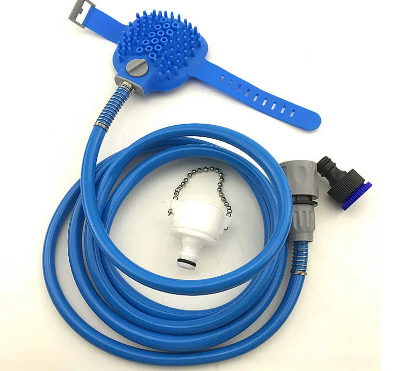 Blue pet bathing tool with silicone glove, 2.5m hose, and faucet adapter for washing a dog at home