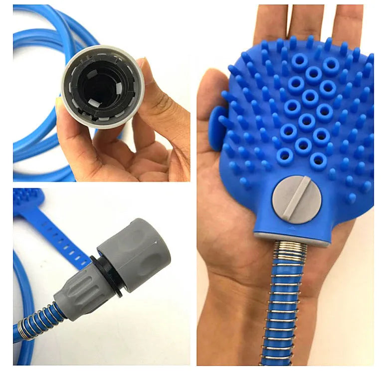Blue pet bathing tool with silicone glove, 2.5m hose, and faucet adapter for washing a dog at home