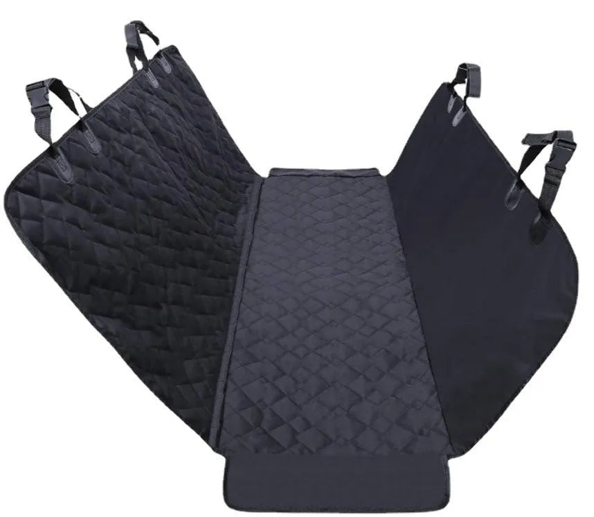 Waterproof cloth car pet kennel rear seat cushion in black measuring 137x147cm placed on a car back seat