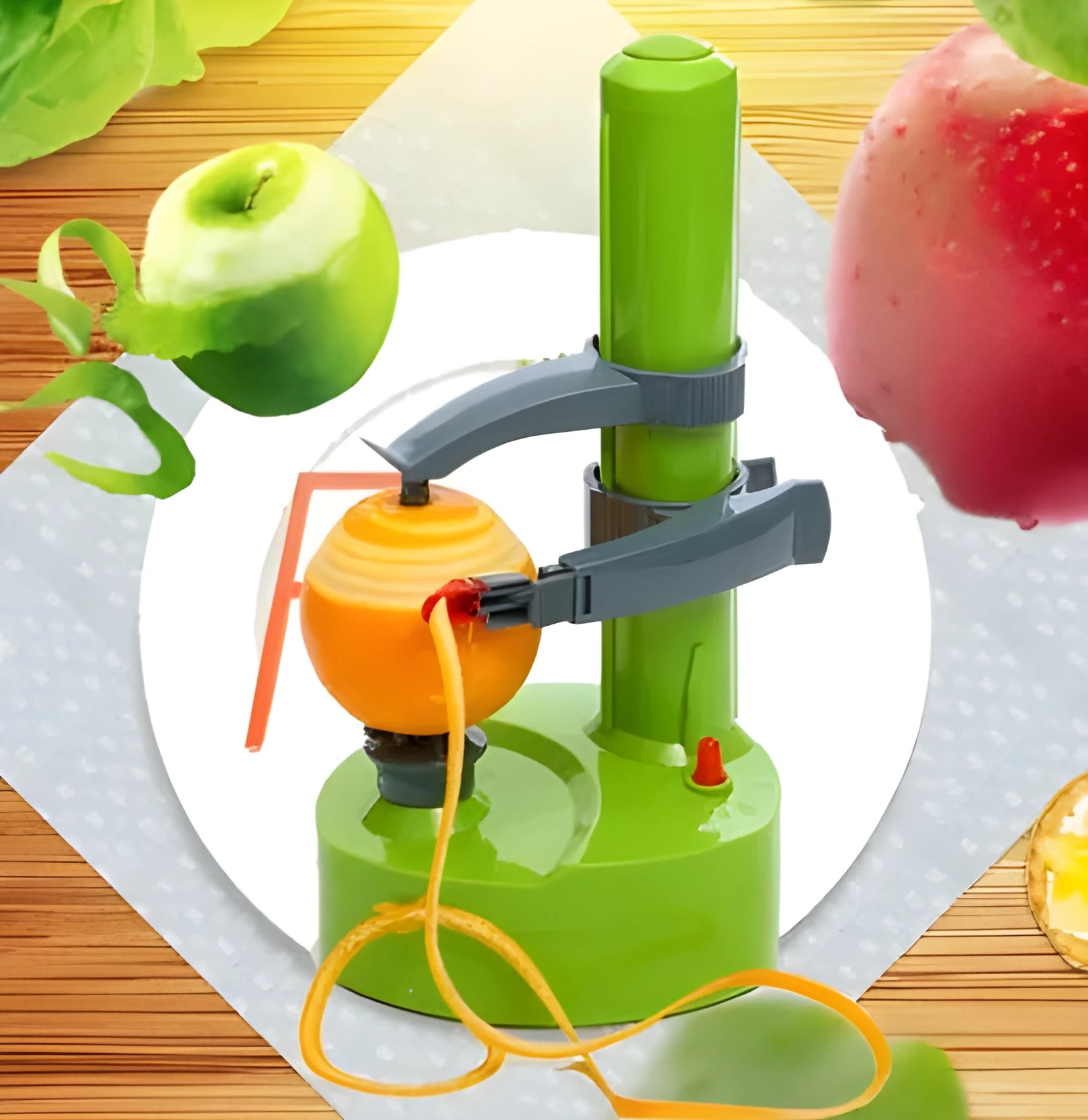 White electric fruit and vegetable peeler with stainless steel blades on plastic base