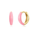 Oval-shaped curved drop earrings with colourful epoxy resin drip finish and silver metal pin.