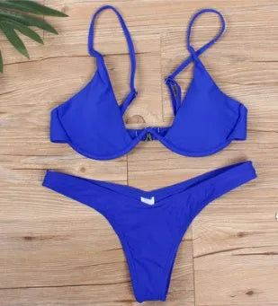 Multi-Color optional bikini swimsuit with strip steel belt and chest pad, available in 15 colours, solid colour open back design