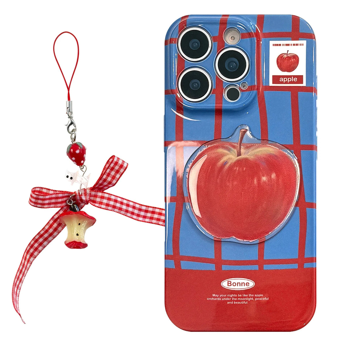 Color-block checkered 3D fruit print full-coverage phone case with little cat pendant for iPhone blue red grid