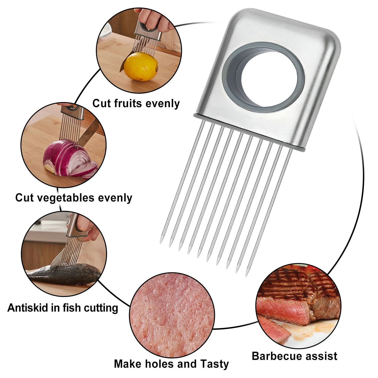 Stainless steel onion holder with sharp prongs and finger guard for cutting vegetables