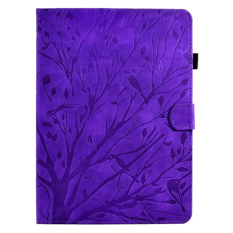 Imitation leather tablet protective case in khaki colour with an engraved texture and built-in stand, open to show an iPad.