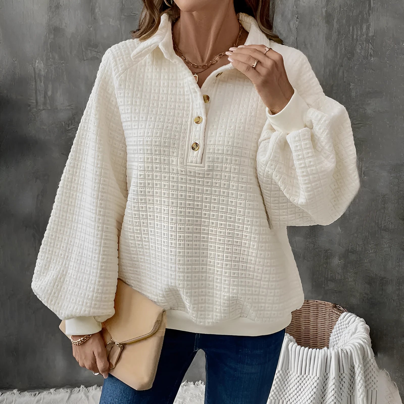 Women's milk white polo collar thick sweater with textured fabric and long sleeves