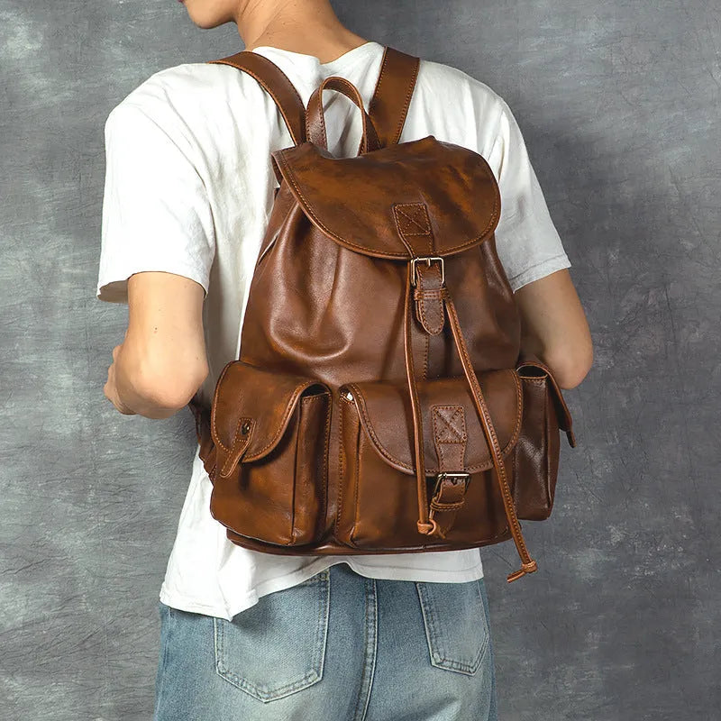 Genuine leather retro backpack for men, top grain leather, ergonomic back panel, 15 inch laptop capacity, light brown colour