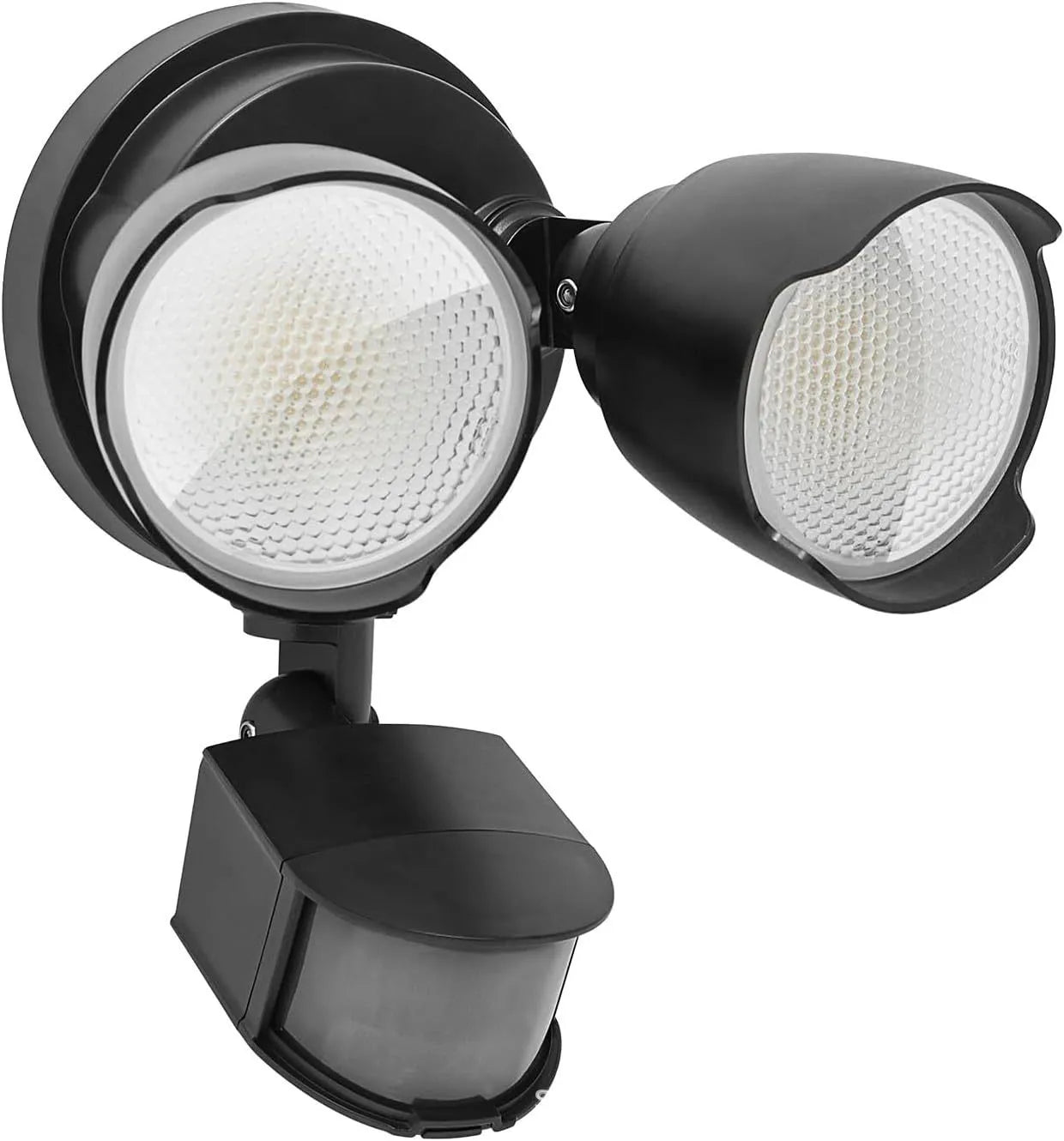 White or black LED security flood light with motion sensor for outdoor courtyard or garage use