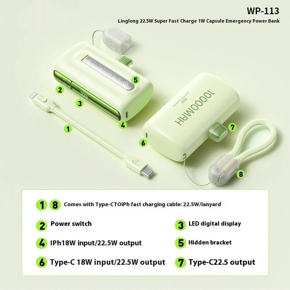Portable mini capsule power bank in beige with compact ABS design and 10000mAh capacity