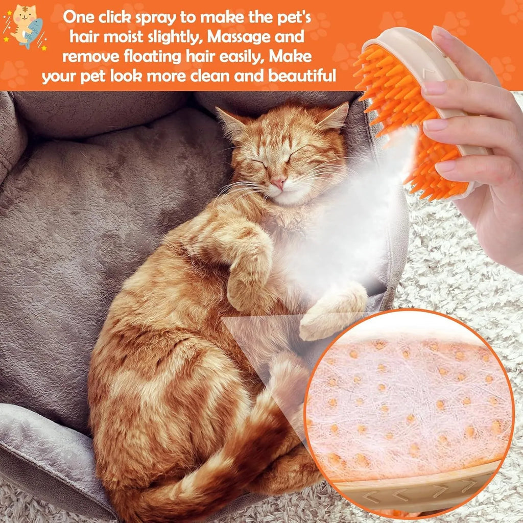Yellow 4-in-1 cat steam brush with silicone bristles, water tank, and ringworm detector lamp.