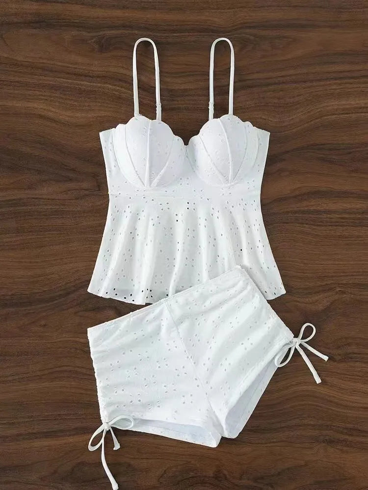 Women's solid colour bikini set in green with hollow shell hard bag and polyester lining