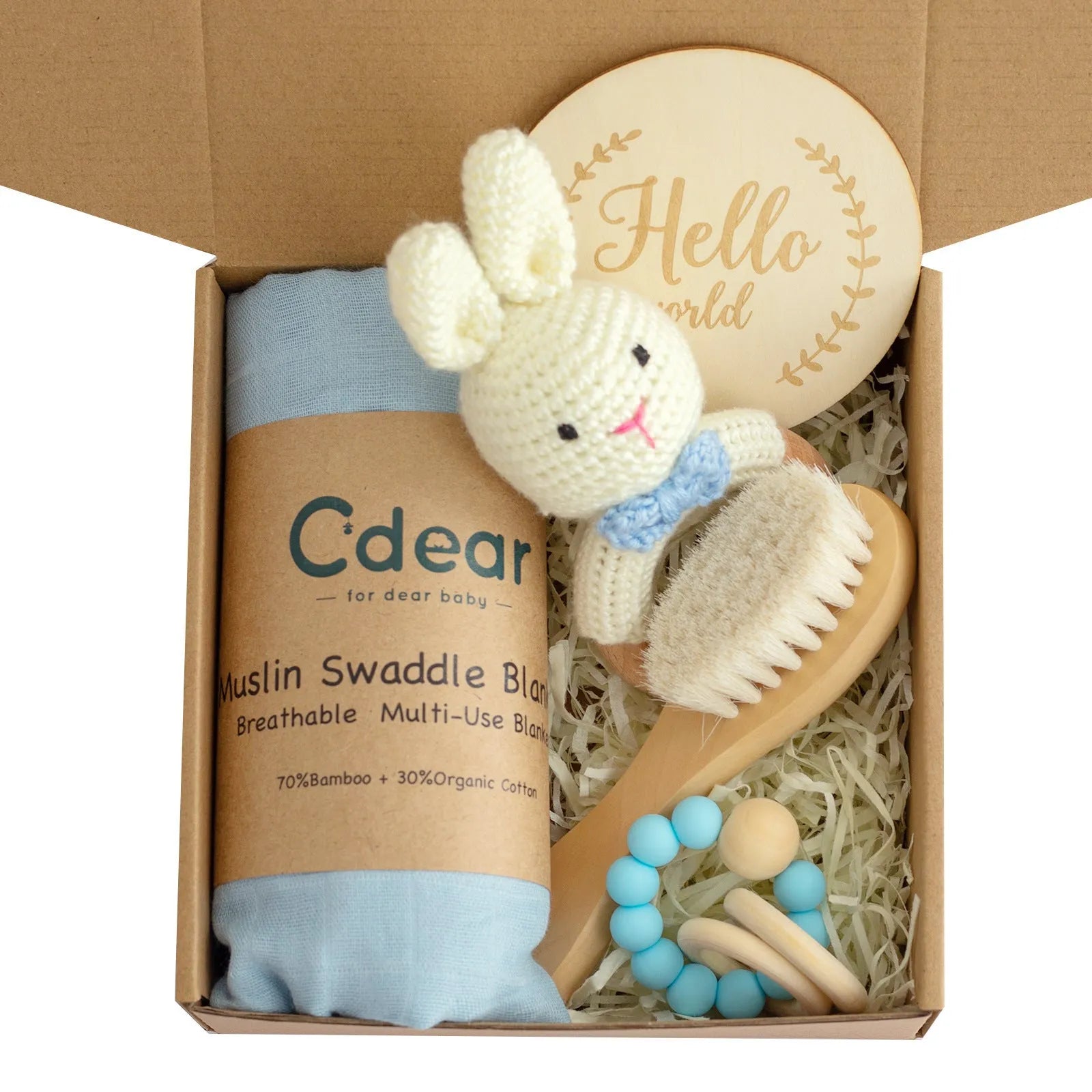 Baby teething toy gift set with bamboo cotton blanket and natural beech wood components