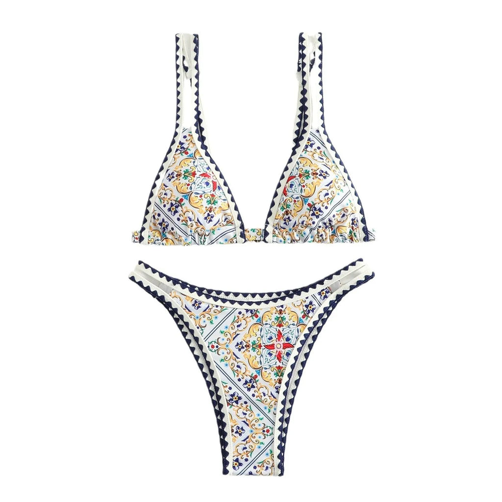 Women's floral printed bikini swimsuit set in polyester fabric for swimming sports