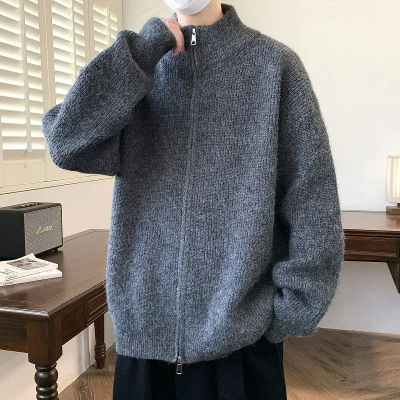 Men's casual stand collar cardigan sweater in beige, Vinylon fabric, loose fit, Asian sizing