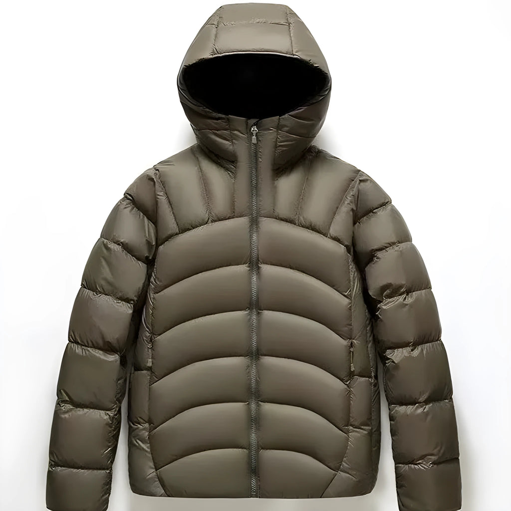 Unisex hooded down jacket in solid colour with ribbed cuffs and hood, front view