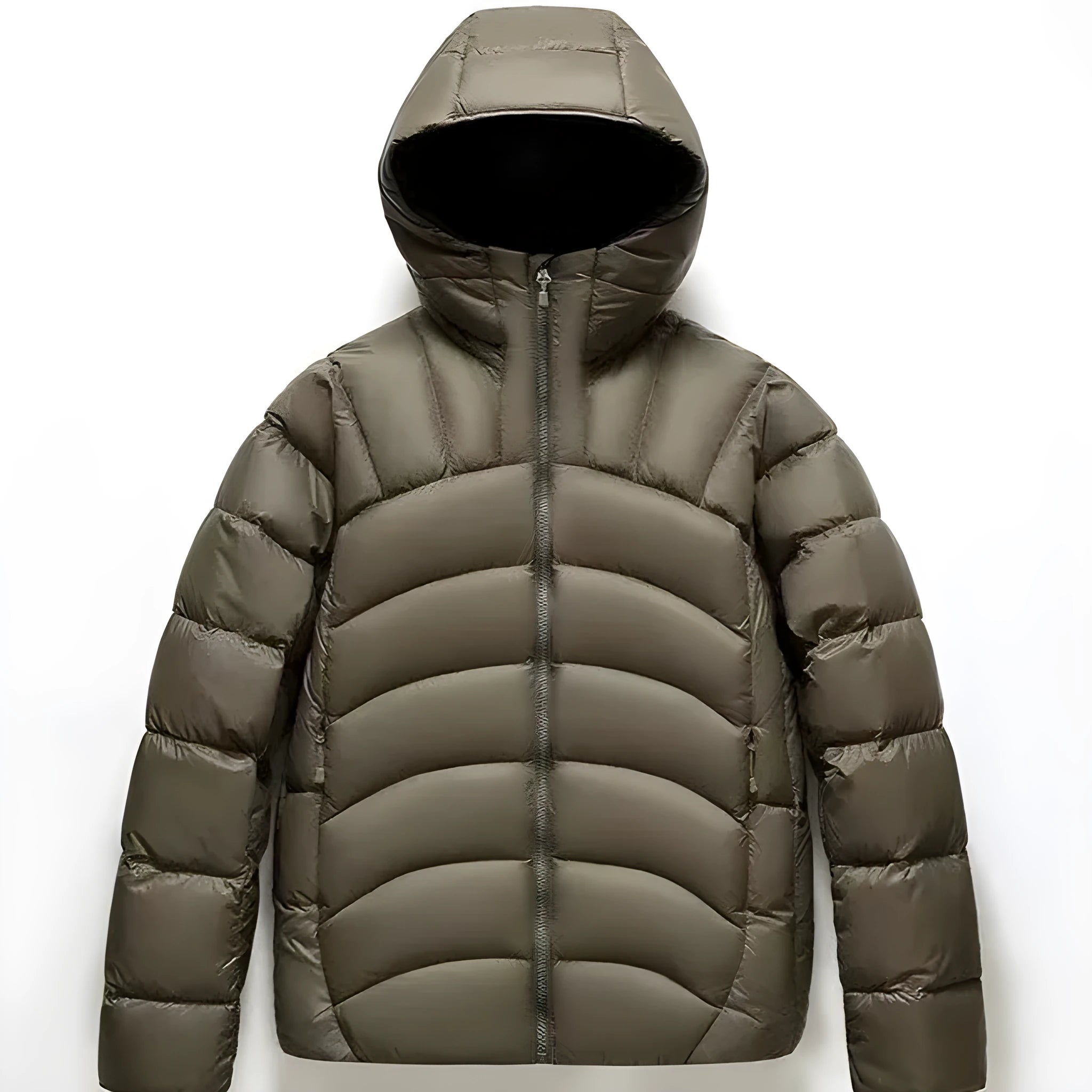 Unisex hooded down jacket in solid colour with ribbed cuffs and hood, front view