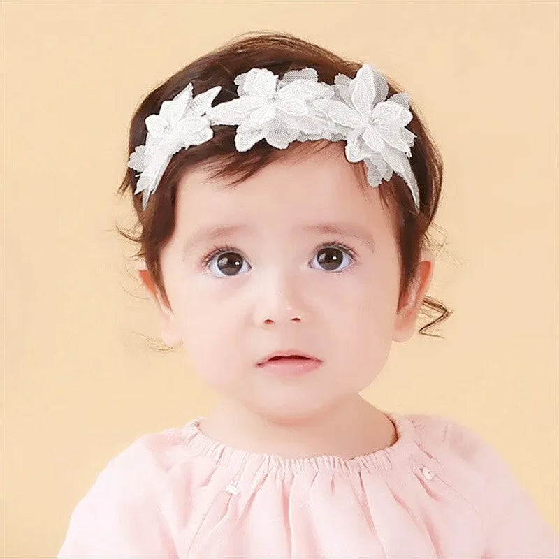 Baby girls headband with double bow-knot and lace floral design in soft cloth material