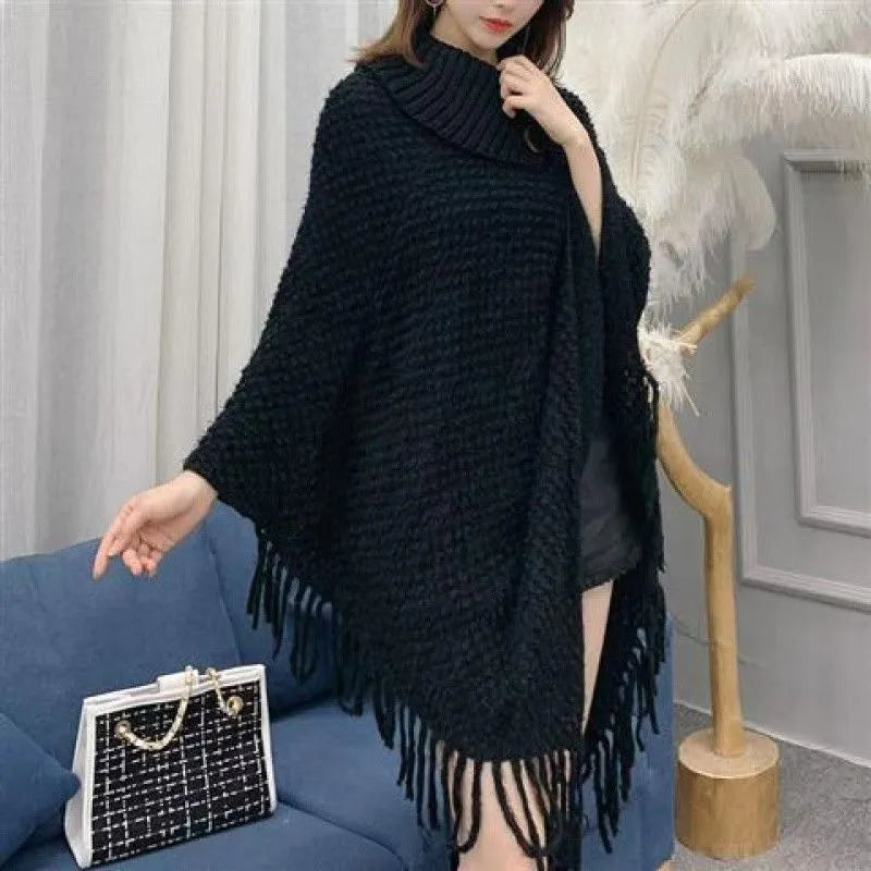 Women's cashmere blend triangle shawl cape with tassel details in Camel colour