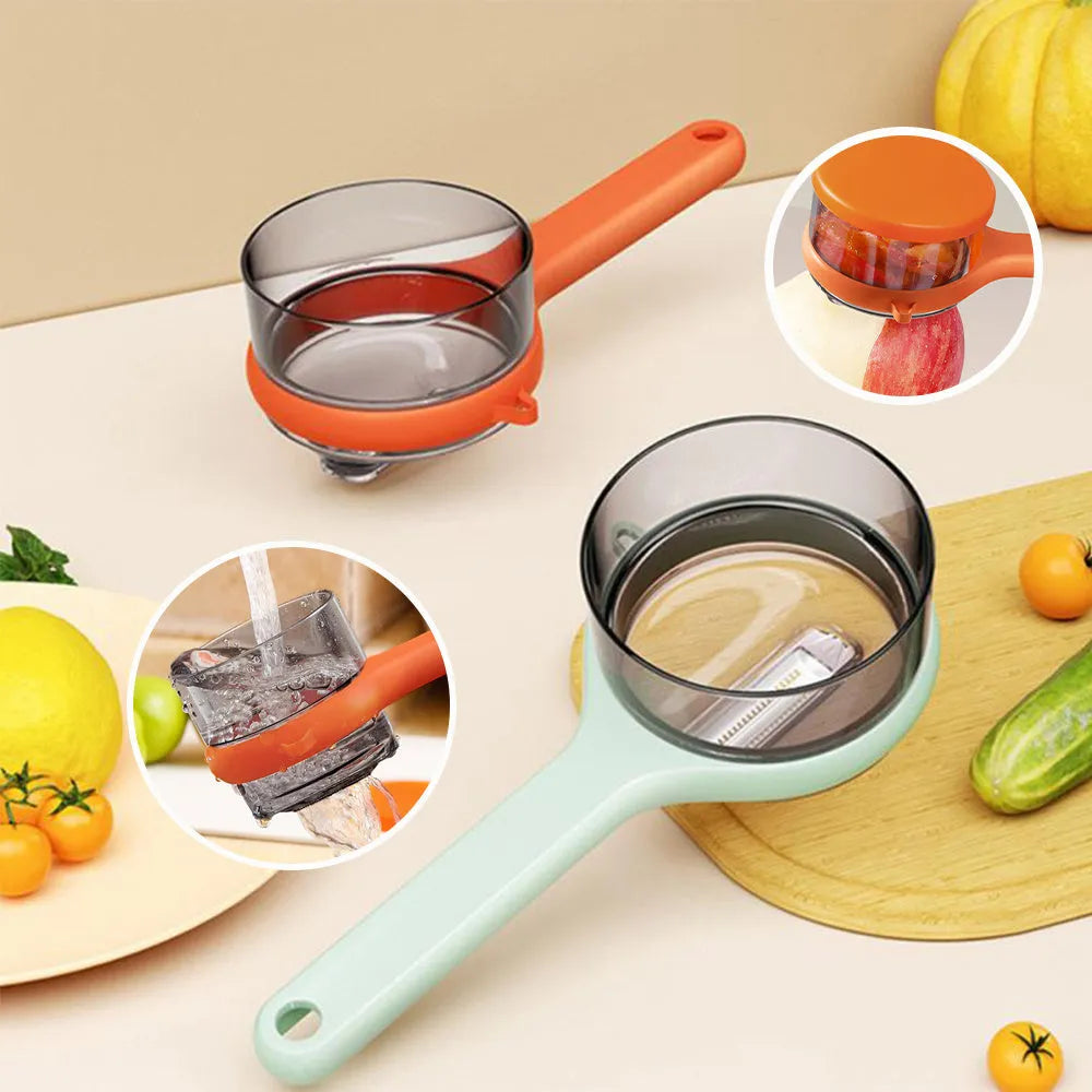 Kitchen peeler with integrated storage bucket in light green colour