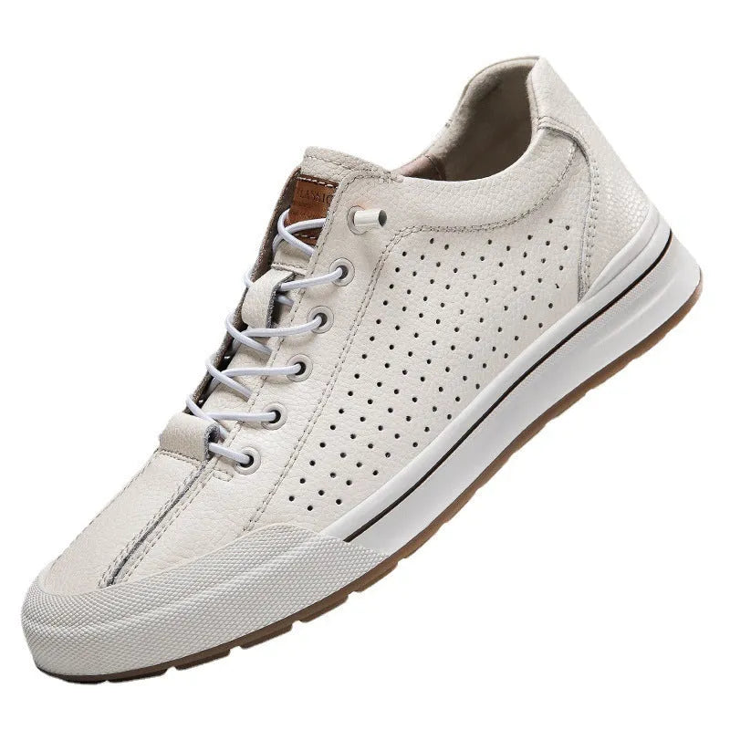 Men's white matte leather flat shoes with round toe and 6CM heel