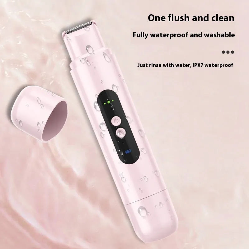 Pink and white portable electric depilator for trimming body hair, shown with USB cable.