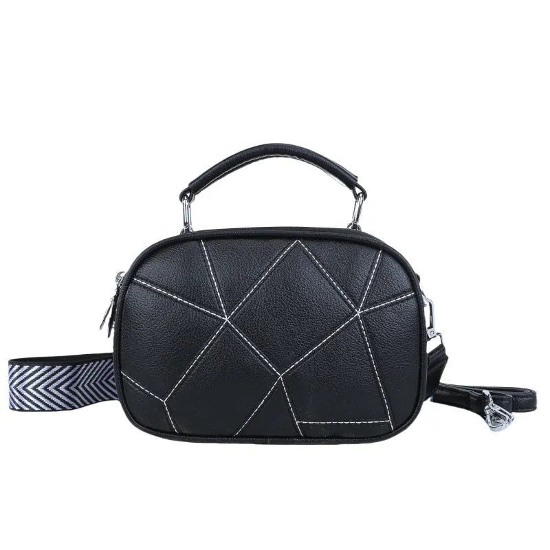 Fashion three-layer retro patchwork small bag in PU, round shape, stitching detail, 20x15 cm
