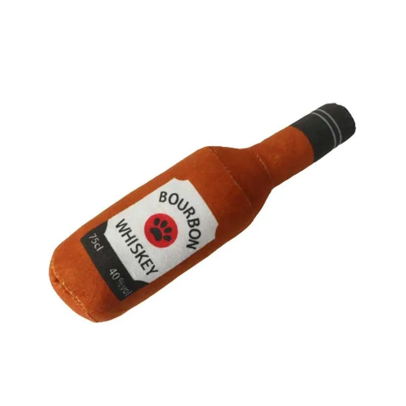 Green plush dog toy shaped like a wine bottle on a white background.