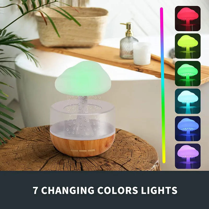 Desk humidifier with raining cloud night light effect and aromatherapy function in wood grain finish