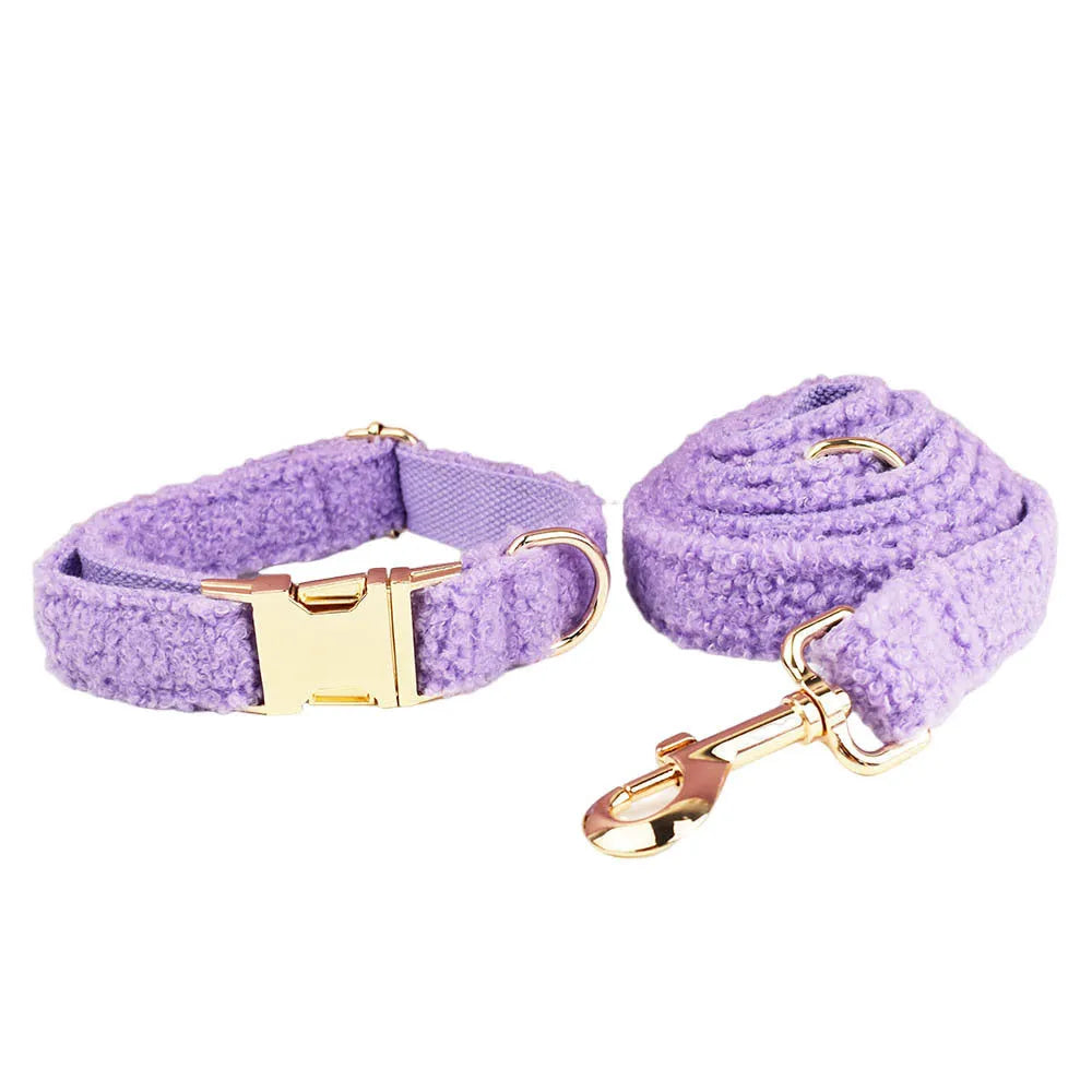 Purple cloth dog collar, leash, bow, and vest set for small dogs
