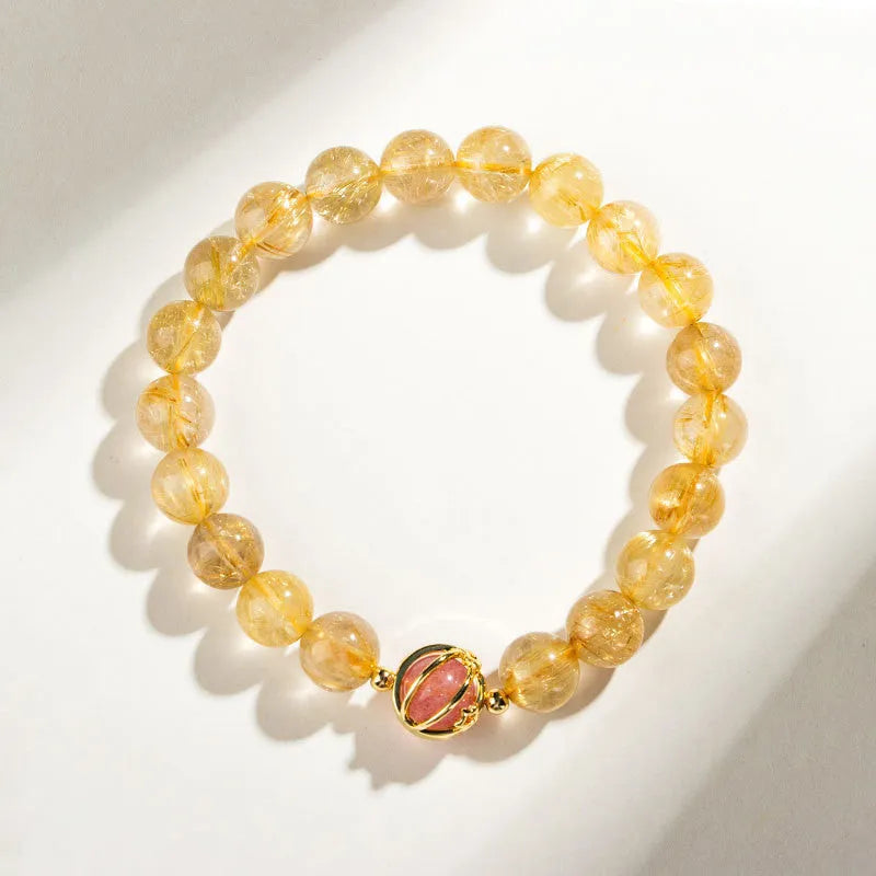 Citrine natural crystal bracelet with gold rutilated quartz beads in diamond cut