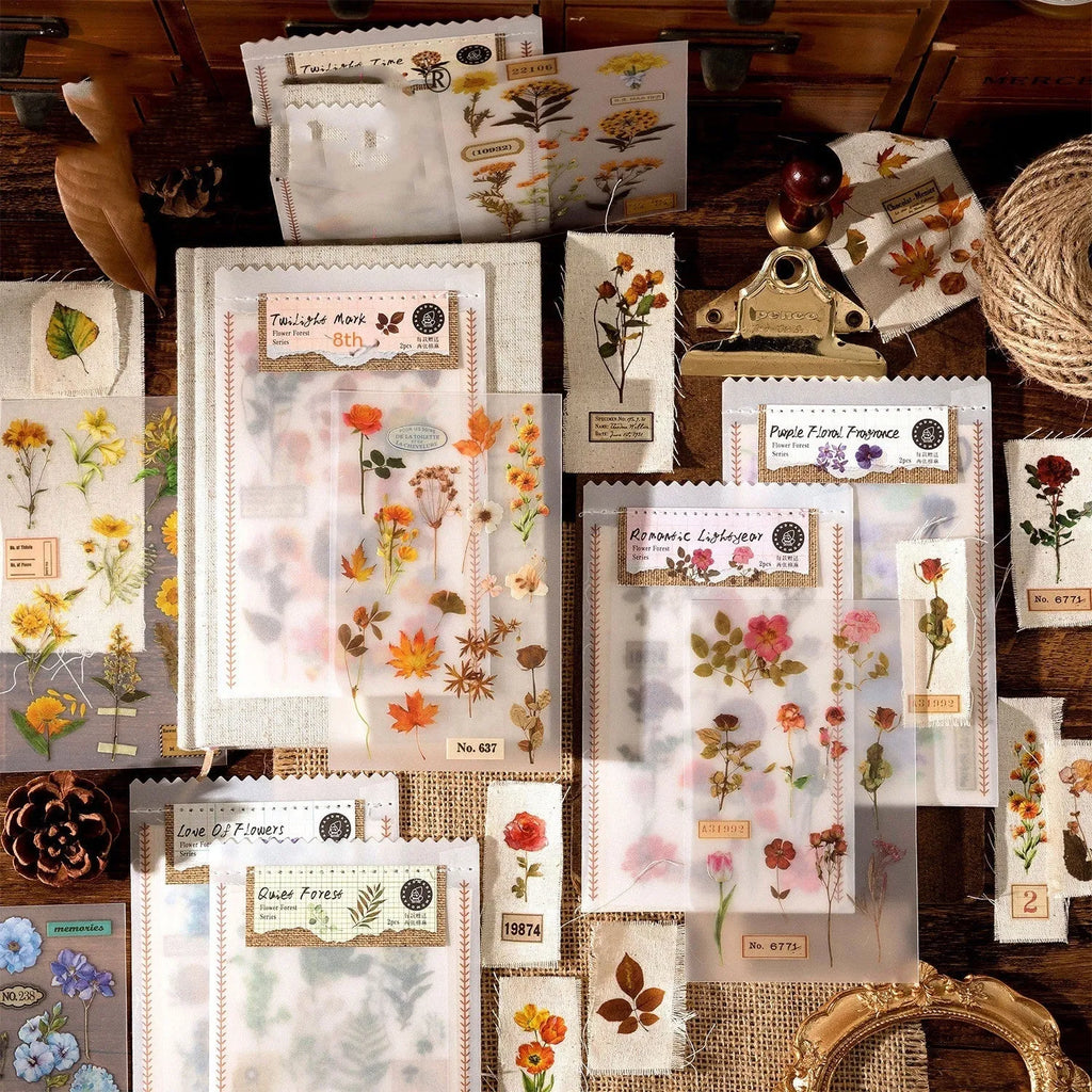 Huazhisen forest art sticker pack showing six colour designs on transfer and cotton linen paper sheets