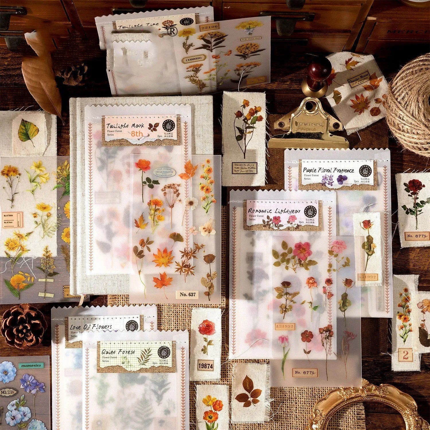 Huazhisen forest art sticker pack showing six colour designs on transfer and cotton linen paper sheets